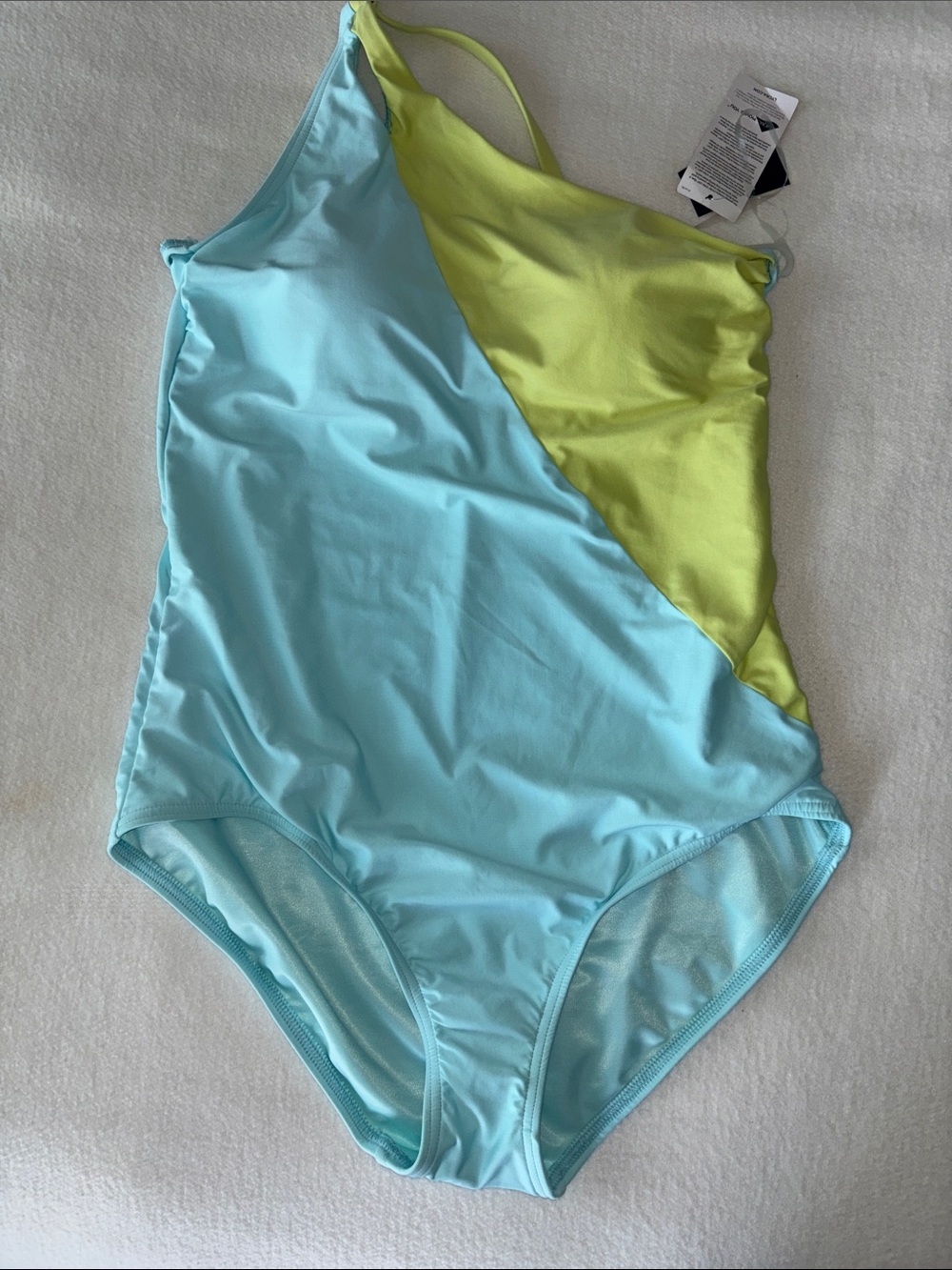 Lands' End One-Shoulder Colorblock Swimsuit in Aqua light blue and Lime, size 14